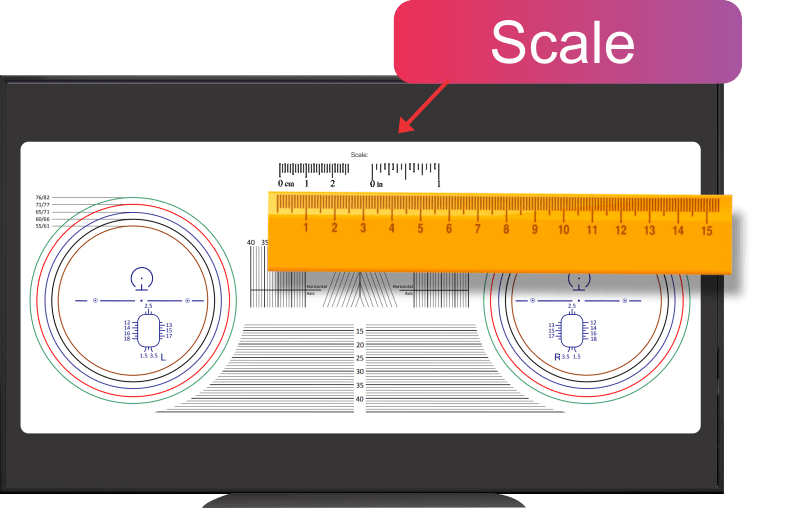 Use the Layout Chart scale to verify the correct size. With a ruler, check if it fits on the scale ruler, as shown in the figure. If you've correctly configured the screen size in the app's settings page, the ruler should fit normally.
